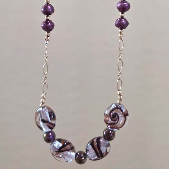 Vintage Murano Peacock Crimson Glass Pearl Amethyst Cat Eye Bead 14k/20 Necklace - Picture 6 of 16